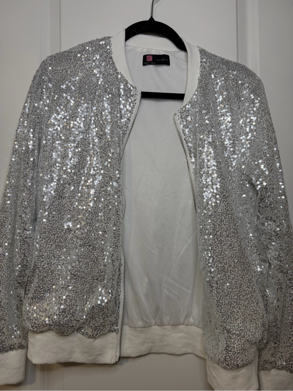 Kensie Silver Sequin Bomber Jacket with White Trim Party Halloween Dressy